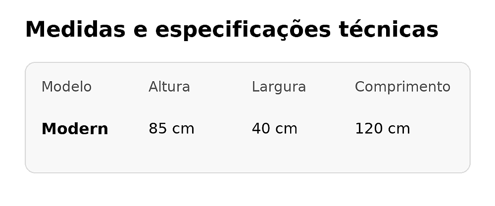 Tabela de medidas do Aparador Modern