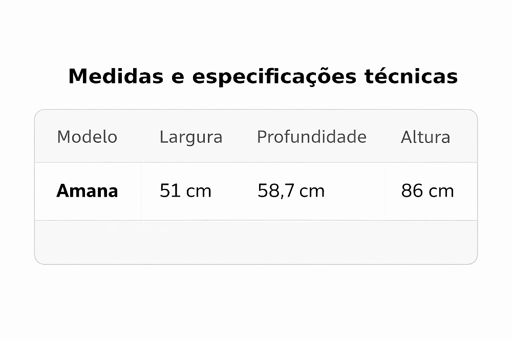 Medidas e especifica&ccedil;&otilde;es t&eacute;cnicas da Cadeira Amana
