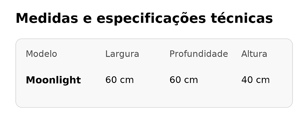 Tabela de medidas da Mesa Moonlight