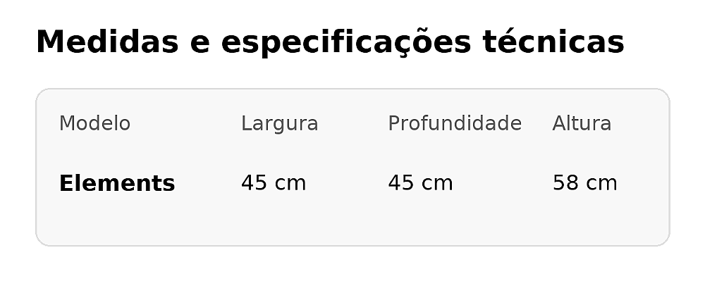 Tabela de medidas da Mesa Lateral Elements