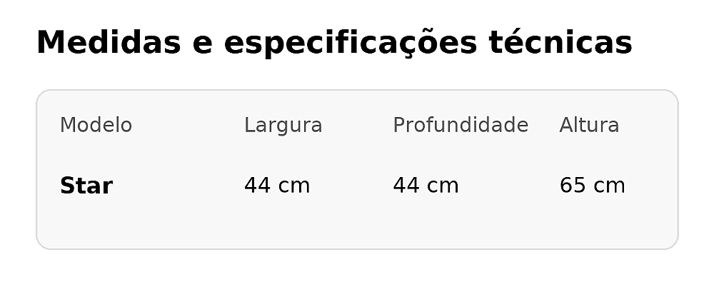 Tabela de medidas da Mesa Lateral Star