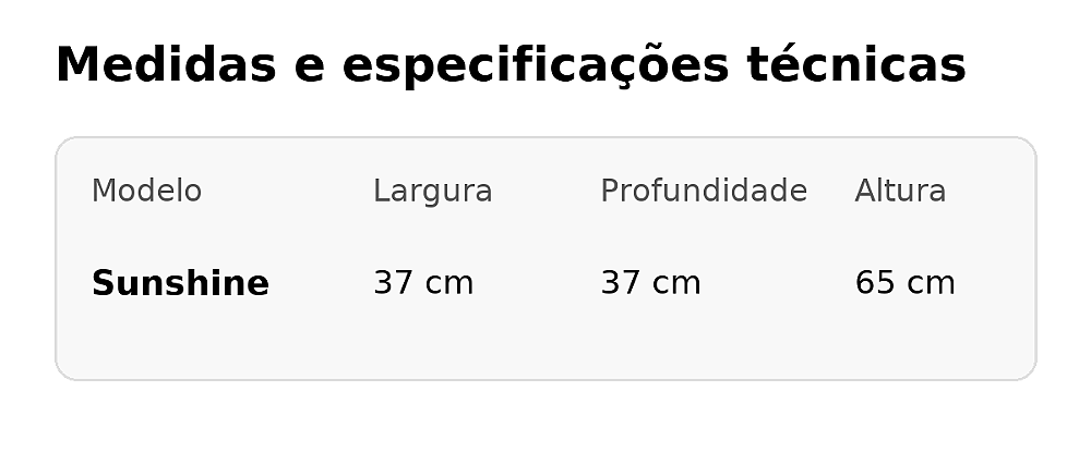 Tabela de medidas da Mesa Lateral Sunshine