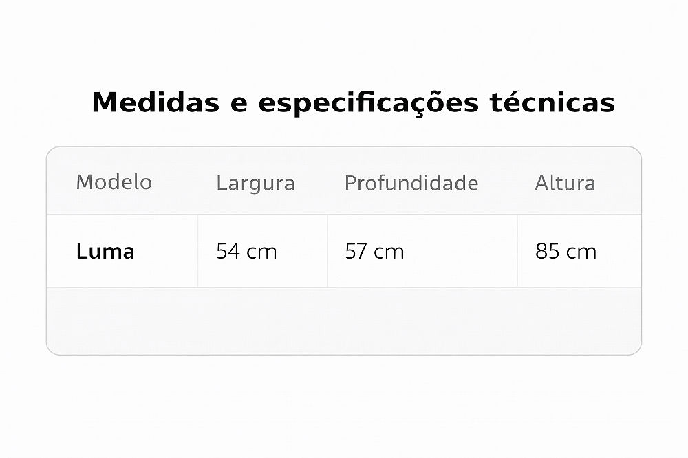 Tabela de medidas da Cadeira Luma