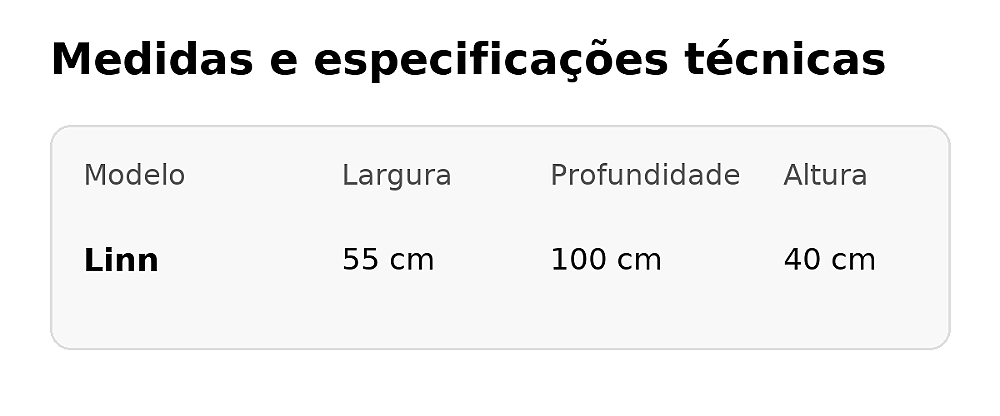 Tabela de medidas da Mesa Linn