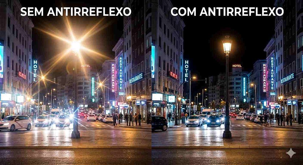 Ilustração do efeito do tratamento antirreflexo nas lentes