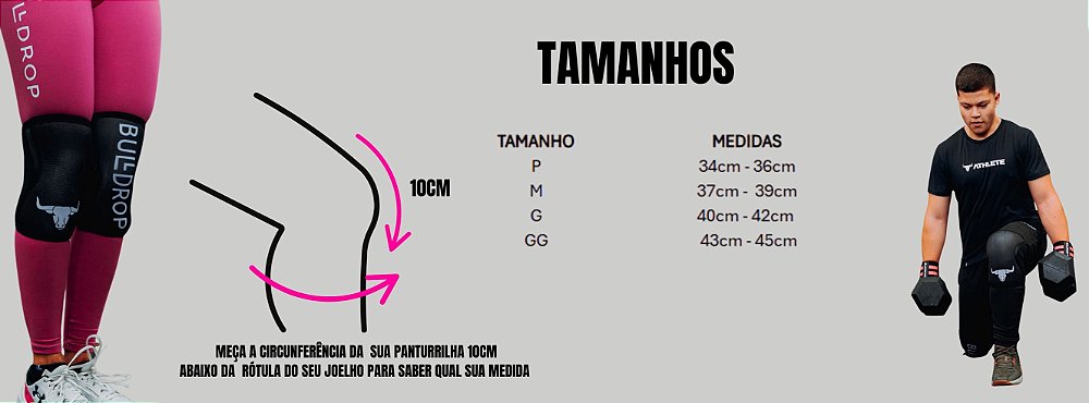 Tabela de medidas da Joelheira Bulldrop — circunferência do joelho e correspondência de tamanhos