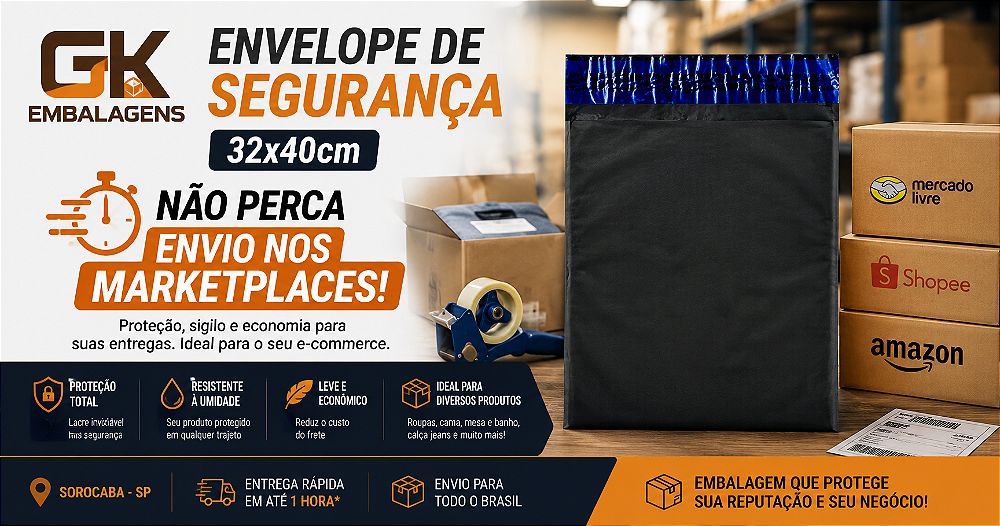 Envelope plástico de segurança 32x40 cm da GK Embalagens, ideal para envio de produtos via e-commerce, Mercado Livre e Shopee