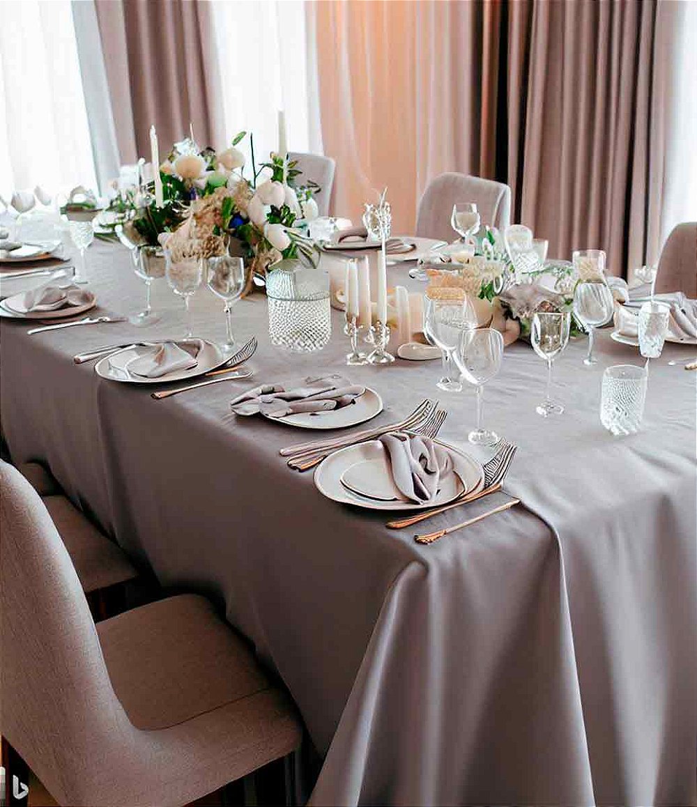 mesa posta com louças, arranjos florais, taças e toalha de mesa cinza de oxford