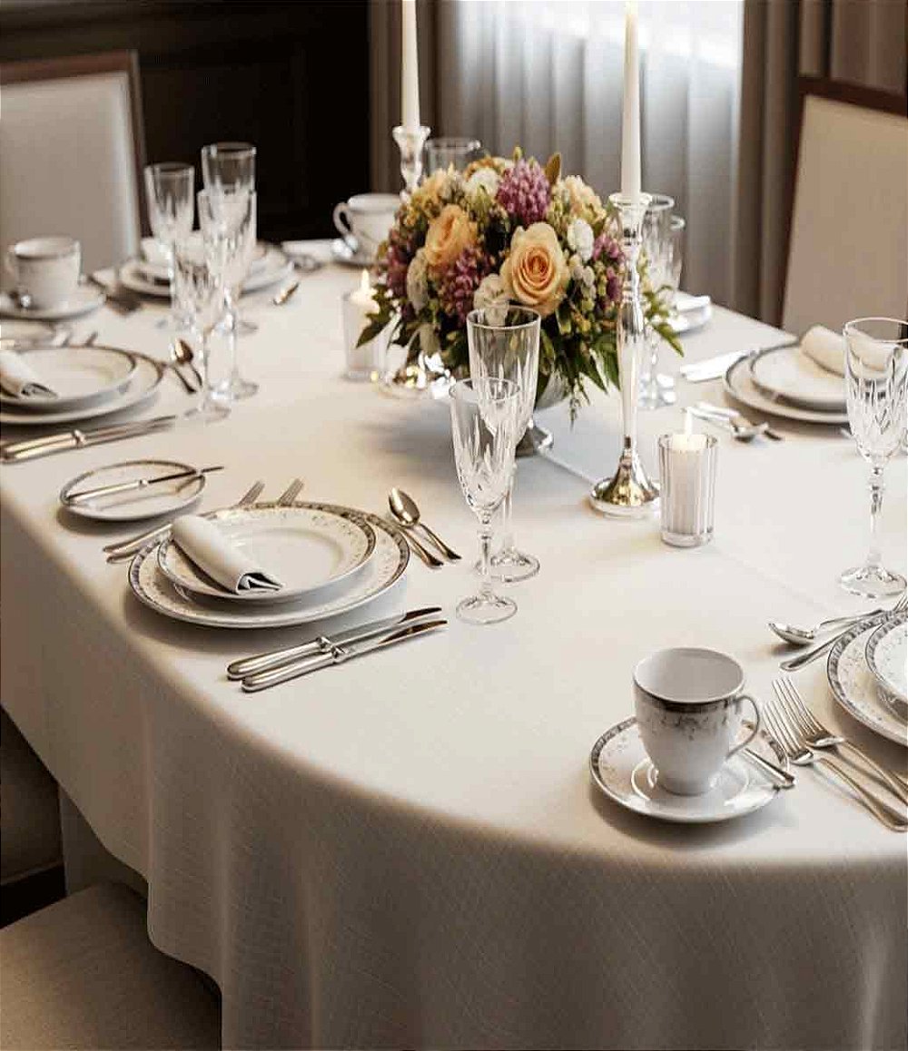 ambiente refinado com mesa no centro com aranjo floral, castiçais, taças e toalha de mesa branca