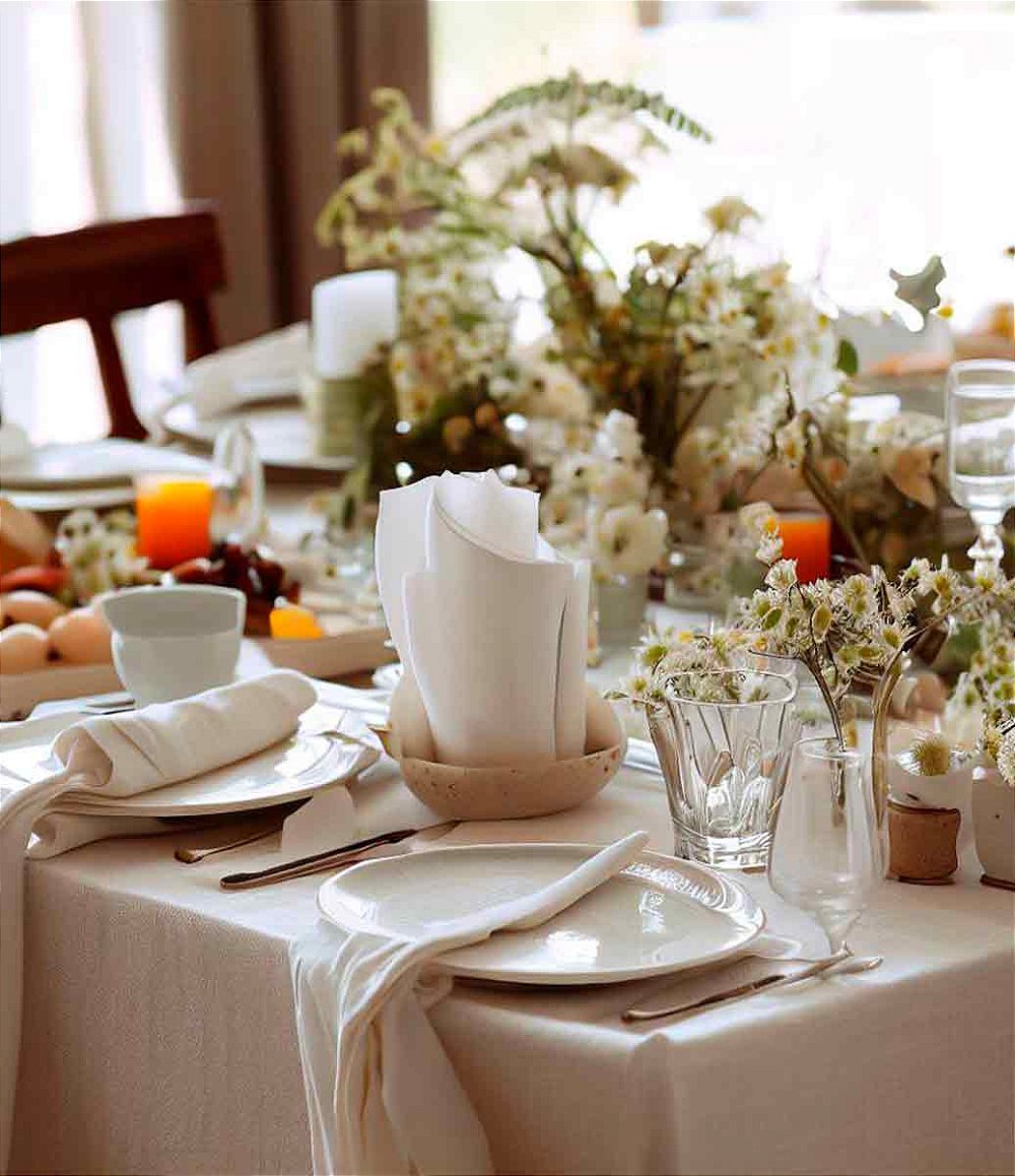 sala de jantar decorada com toalha de mesa branca de algodão