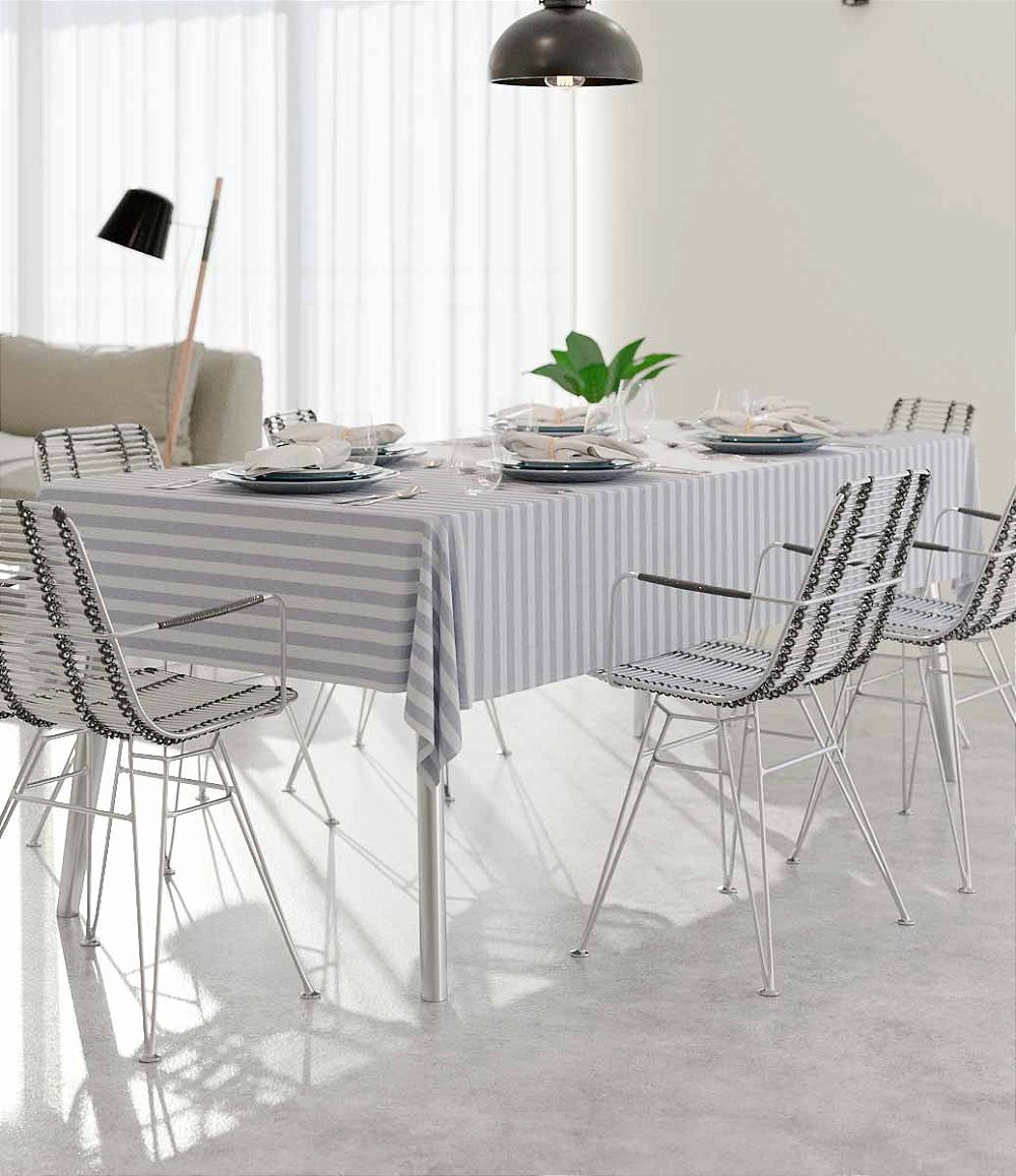 mesa posta decorada com toalha de mesa cinza listrada retangular