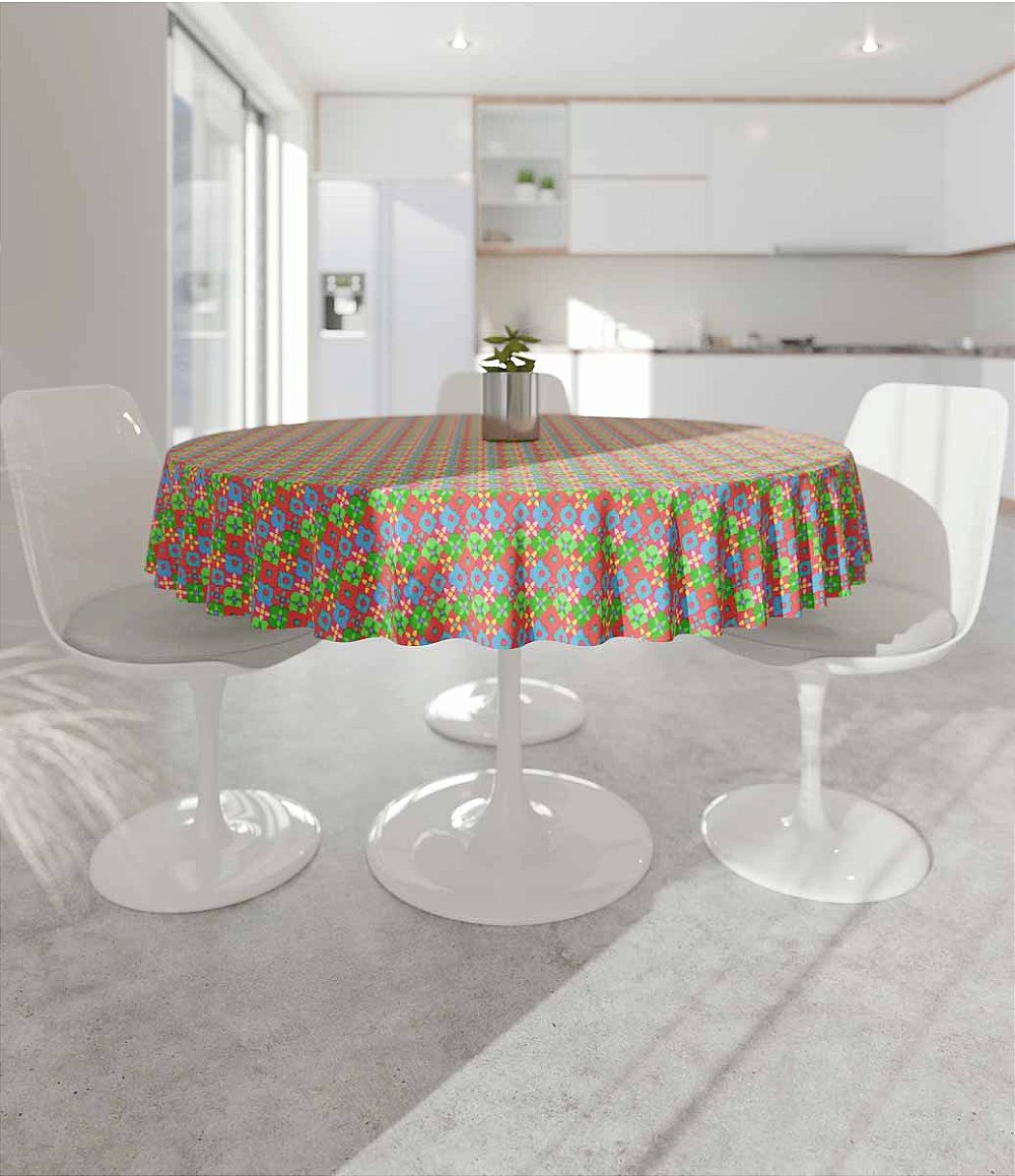 TOALHA DE MESA REDONDA 4 LUGARES VERMELHA COM FLORES AMARELAS E VERDES