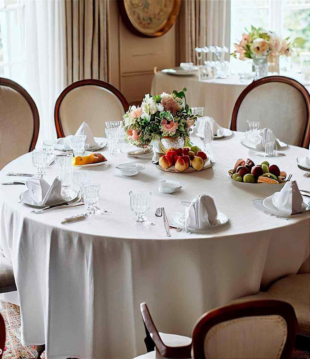 ambiente bem decorado com mesa redonda e toalha de mesa branca