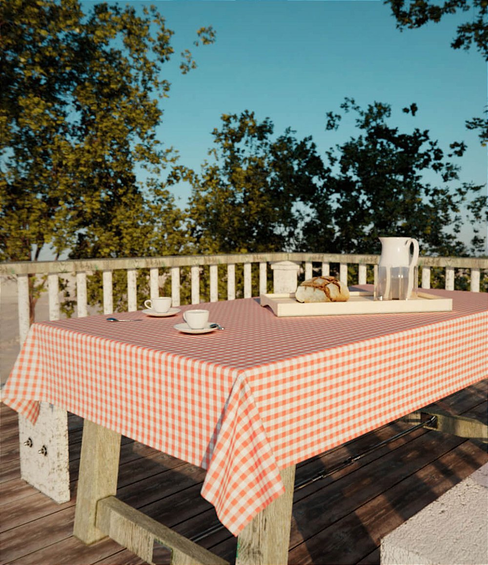AMBIENTE EXTERNO COM A´REVORE E MESA RÚSTICA DECORADA COM TOALHA DE MESA RETANGULAR 4 LUGARES XADREZ LARANJA