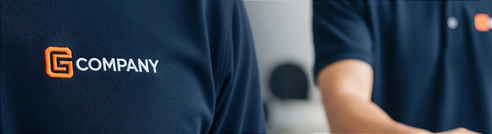 Detalhe do bordado de um logo em camisa polo personalizada, simbolizando a confiança e profissionalismo em negócios.
