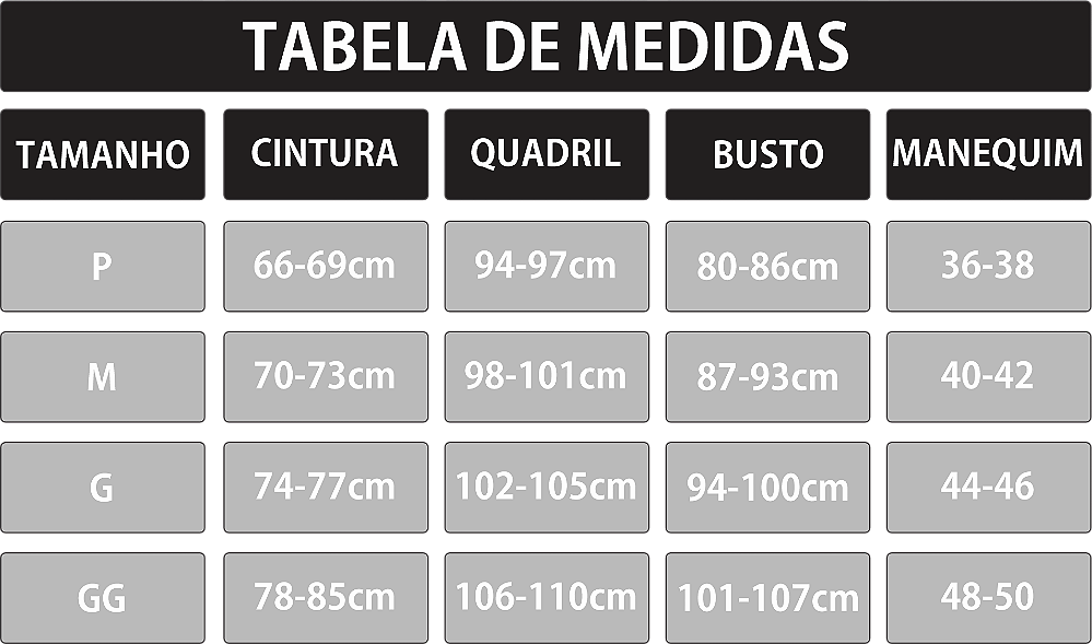 Tabela de medidas roupas fitness