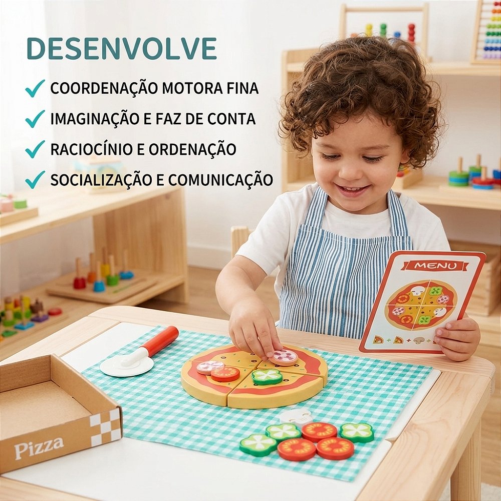 Criança montando e cortando a Pizza de Madeira