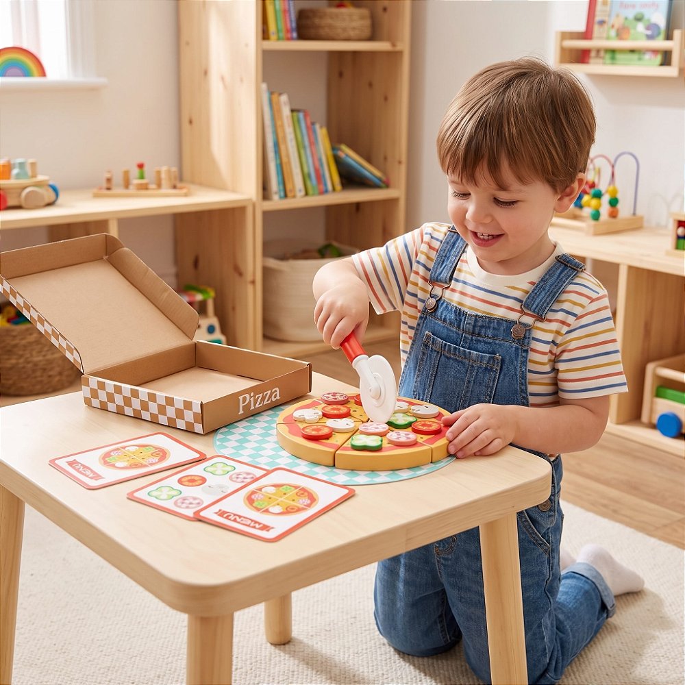 Criança brincando com a Pizza de Madeira Infantil