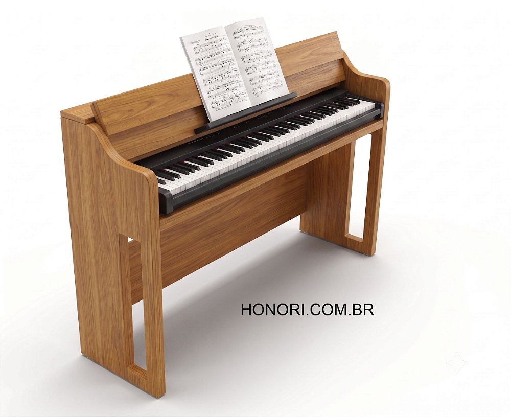 Gabinete estilo piano Brenda em MDF preto com teclado digital e partitura - Marcenaria Honori