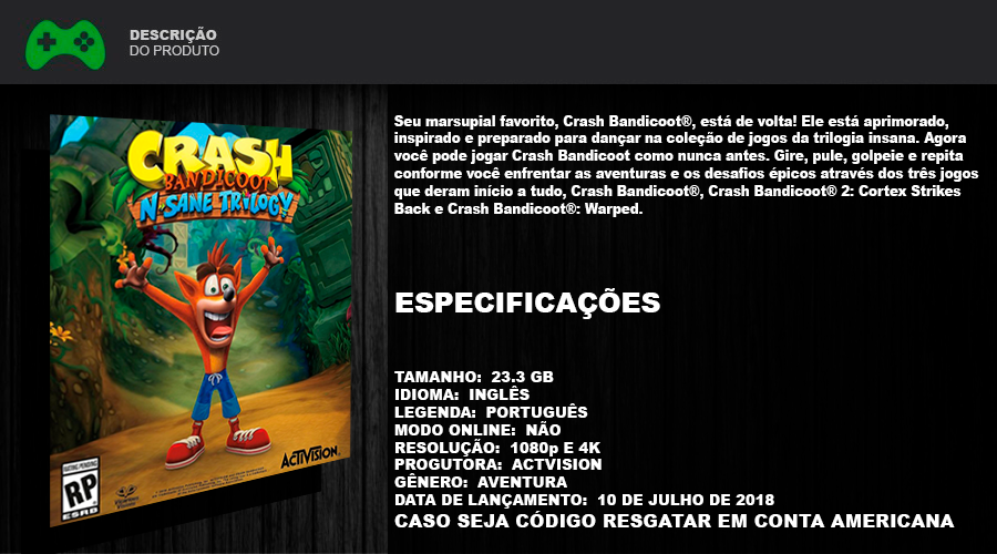 Jogo Crash Bandicoot N. Sane Trilogy