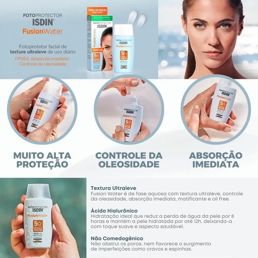 Textura ultraleve e fluida do protetor solar sem cor Isdin Fusion Water FPS 60