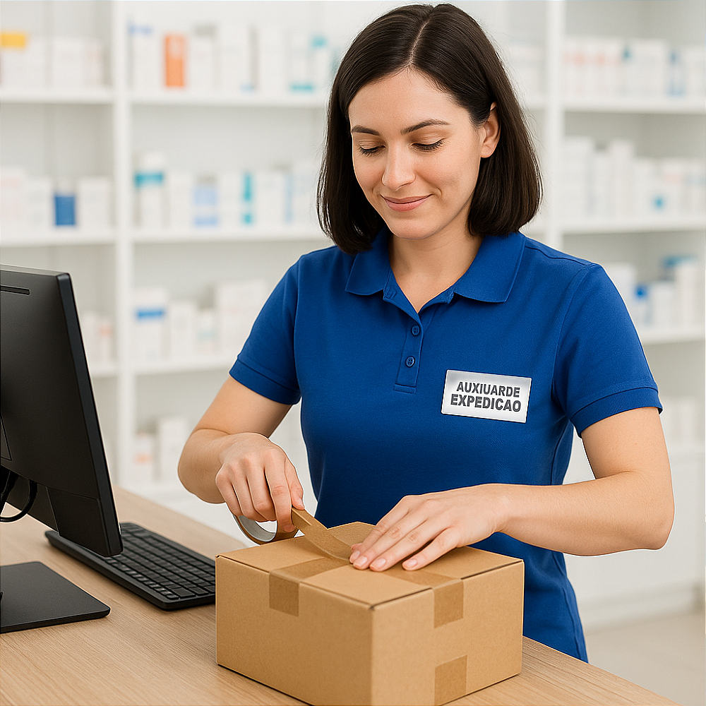 Auxiliar de expedição fechando uma caixa ao lado de um computador