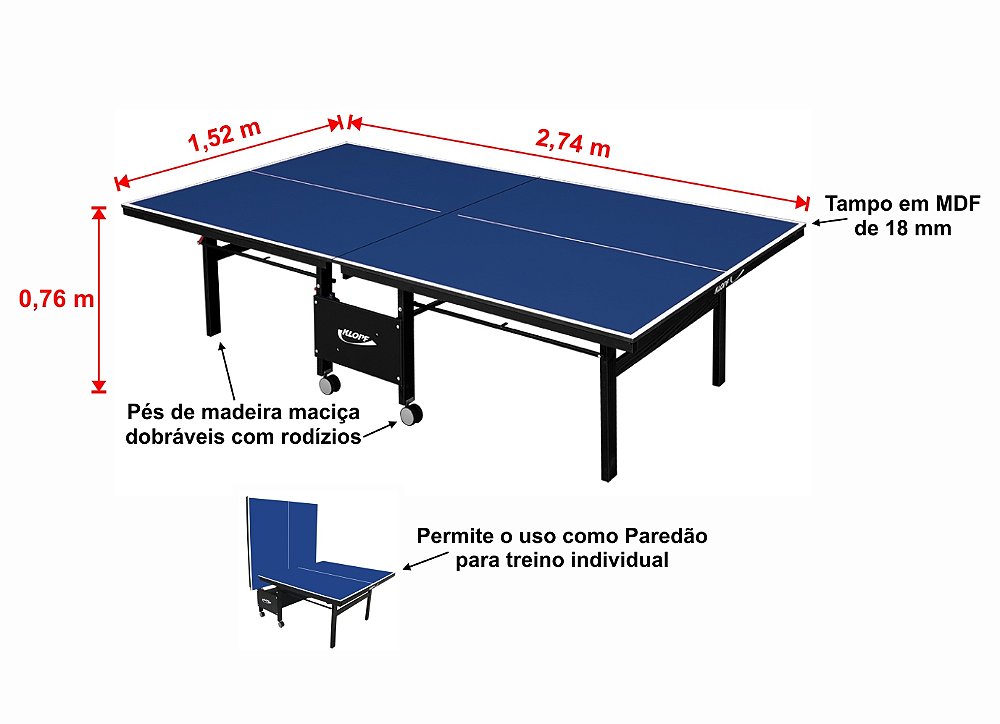 Mesa de Tênis de Mesa Ping Pong Klopf 1084 com Rodízios MDF 18mm Paredão -  Estilo Esportivo