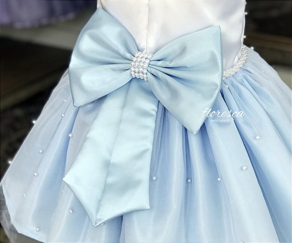 Vestido Infantil Daminha Roseane Azul e Branco  Floresça Ateliê - Floresça  Ateliê Infantil