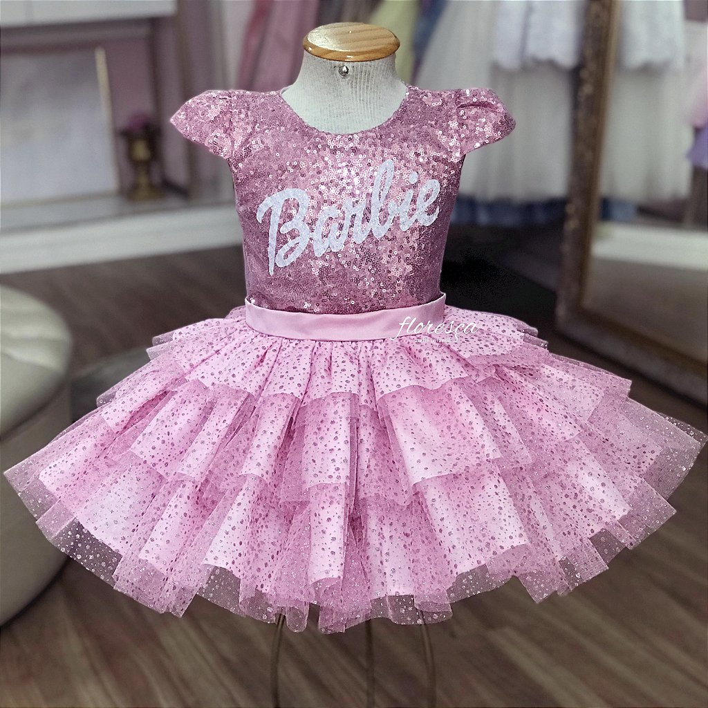 Vestido Fantasia Barbie 2023 Xadrez Rosa E Branco Infantil