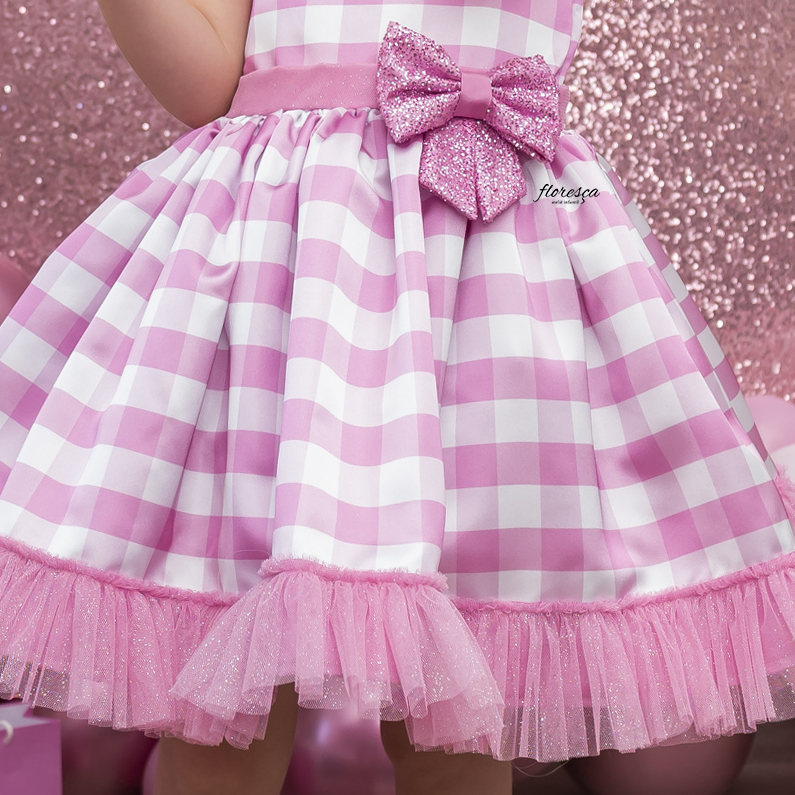 Fantasia Infantil Barbie Filme Vestido Xadrez Rosa - Festivo Festas