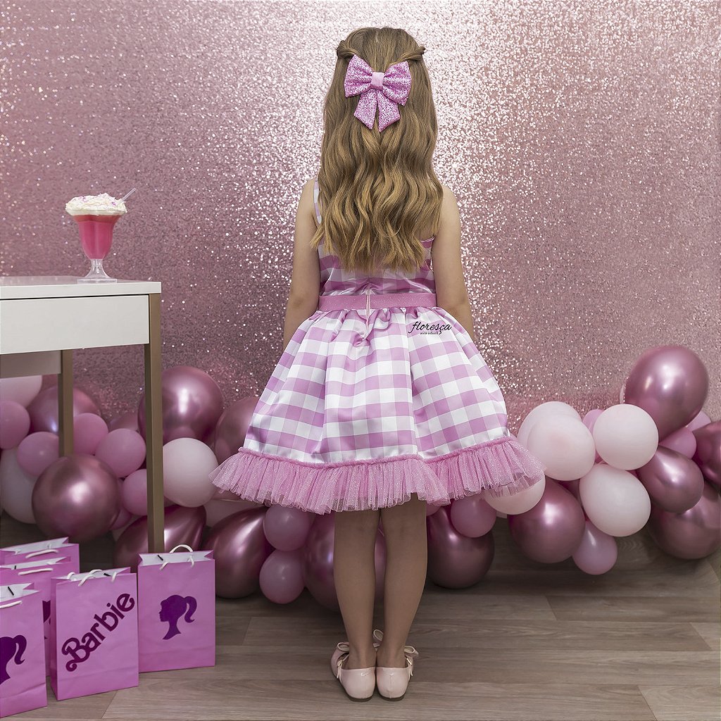 Fantasia Infantil Barbie Filme Vestido Xadrez Rosa - Festivo Festas