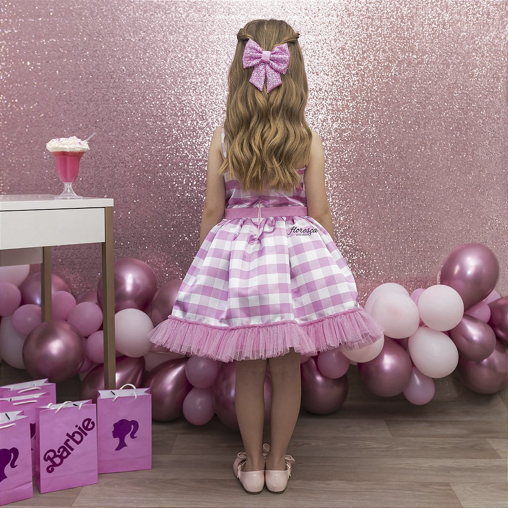 Vestido Infantil Barbie Rosa Branco Xadrez Filme Look Festa