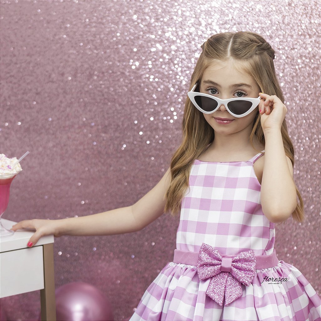 Vestido Barbie Filme xadrez branco e rosa com laço festa infantil  aniversário temático