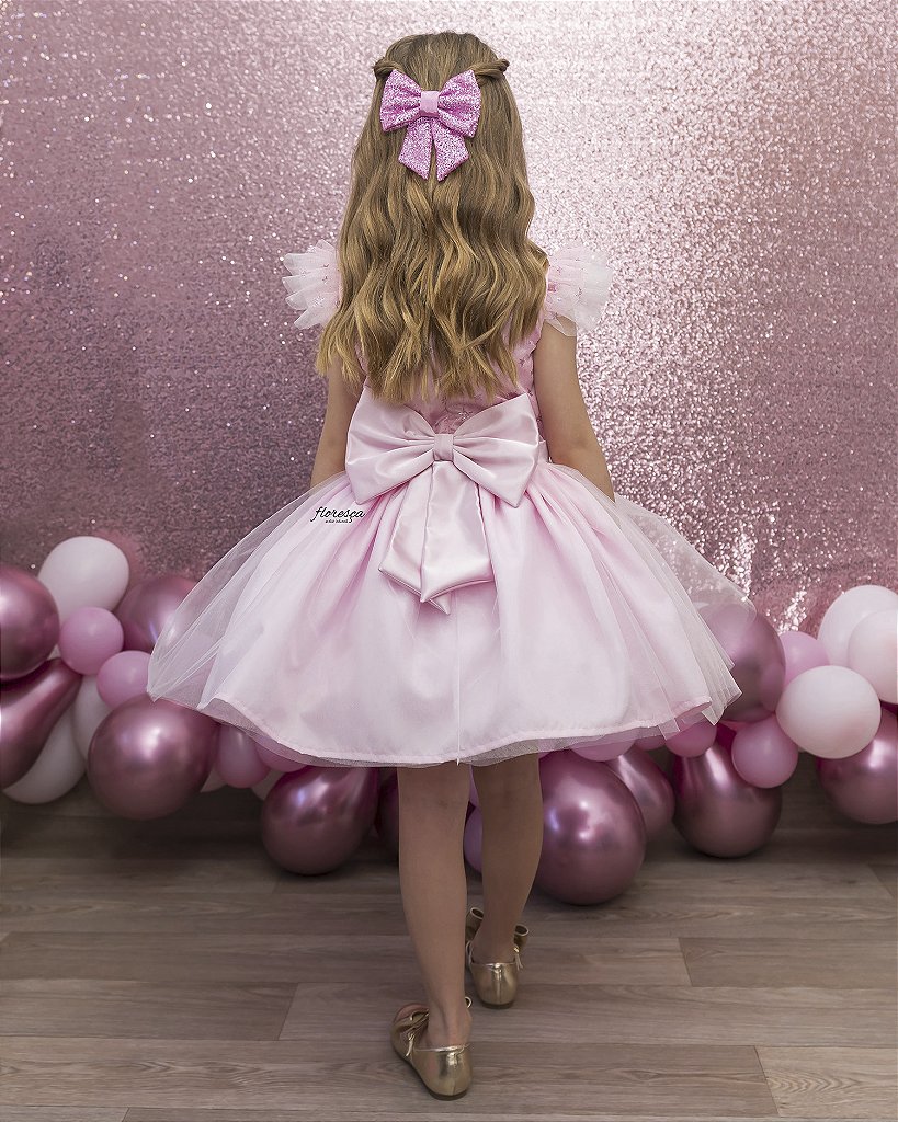 Vestido Infantil Barbie Rosa Chiclete Glitter e Estrelas - Fabuloso Ateliê