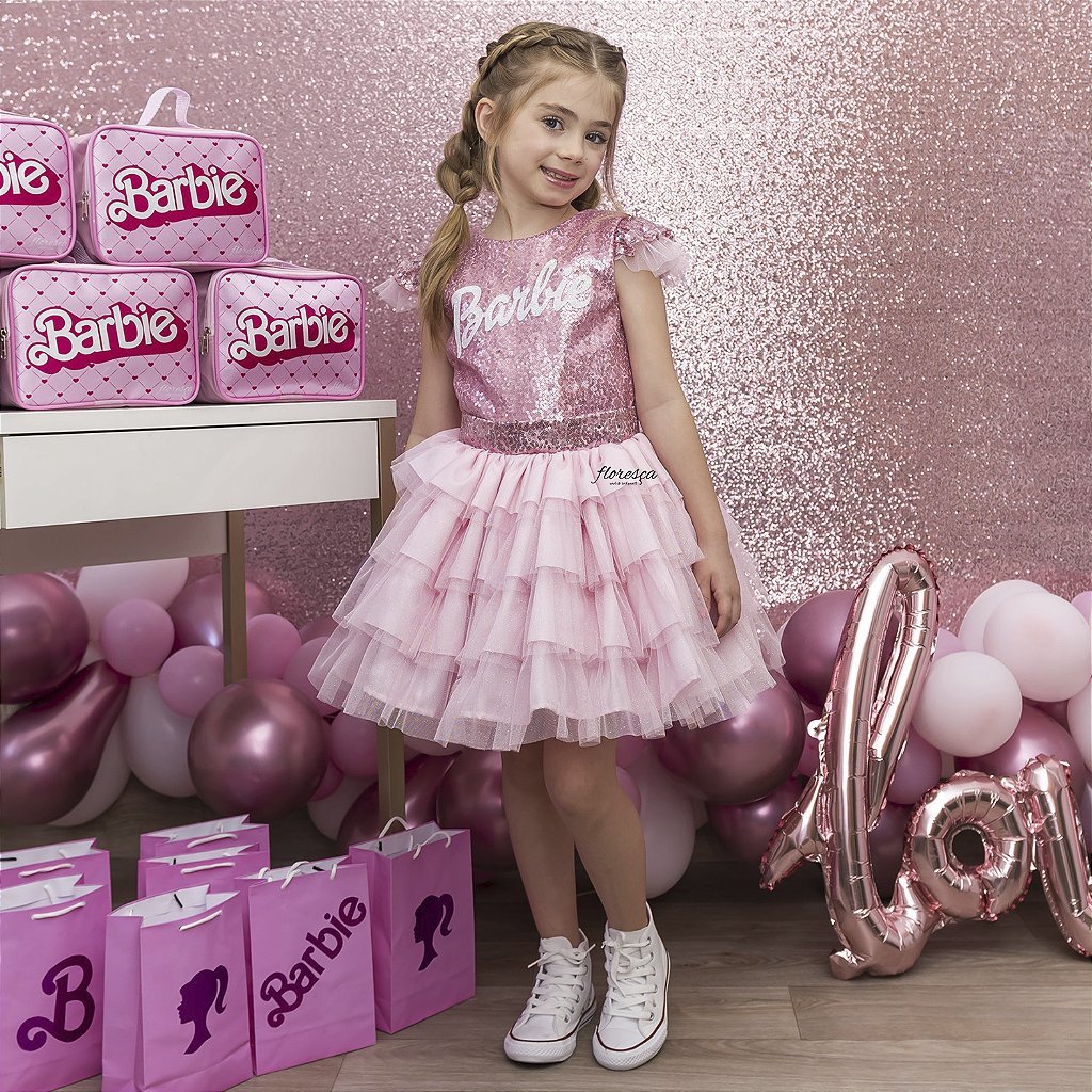 Vestido Infantil Barbie Saia Rosa de Tule Com Glitter - Rosa