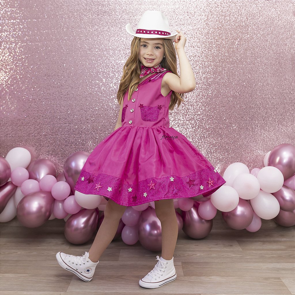 Vestido Fantasia Barbie 2023 Xadrez Rosa E Branco Infantil