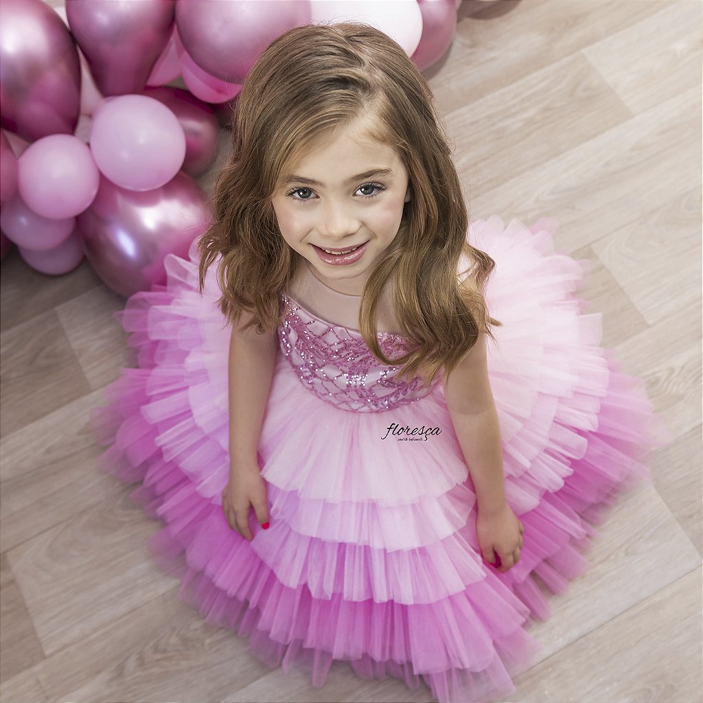 Vestido Infantil Barbie Saia Rosa de Tule Com Glitter