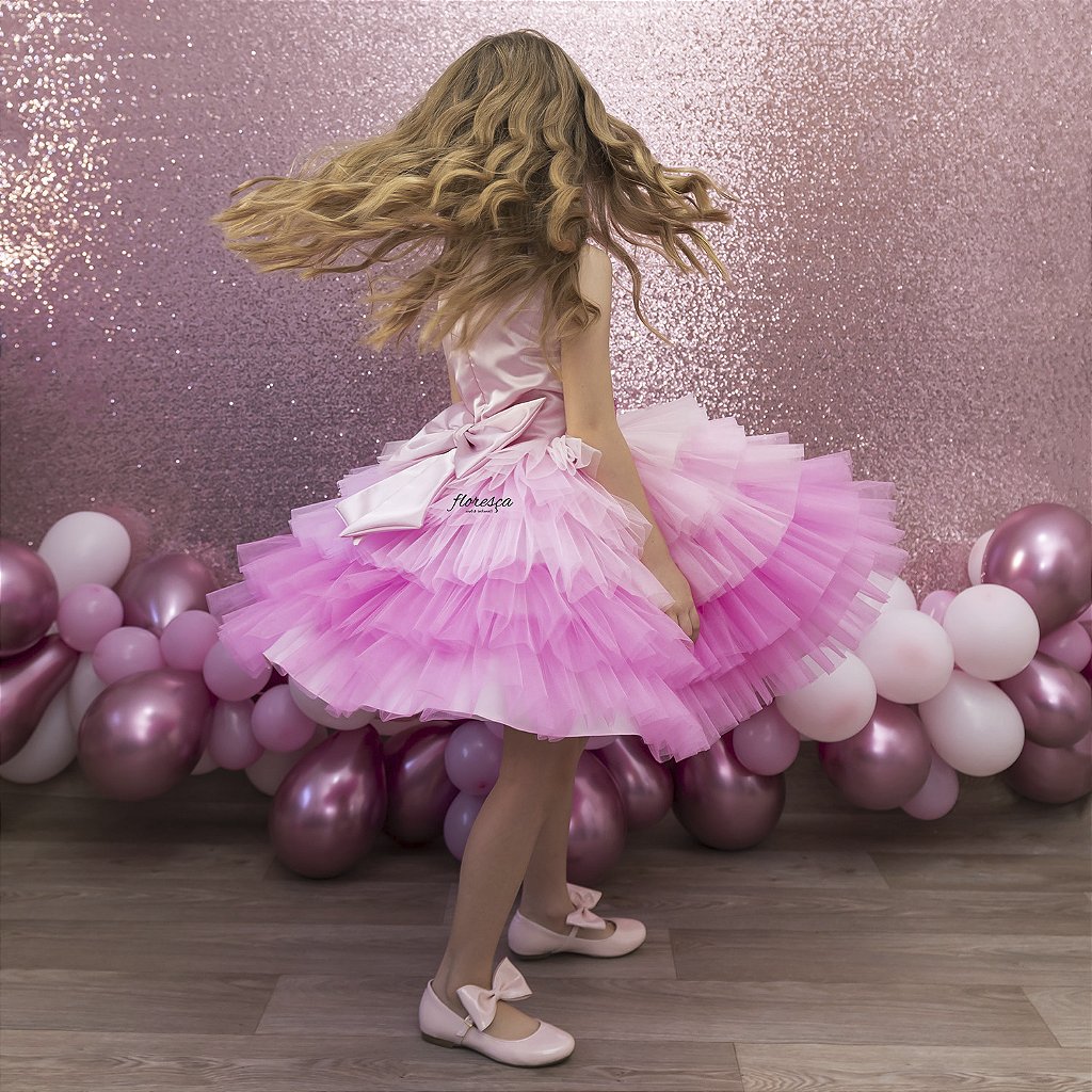 Vestido Infantil Barbie Saia Rosa de Tule Com Glitter