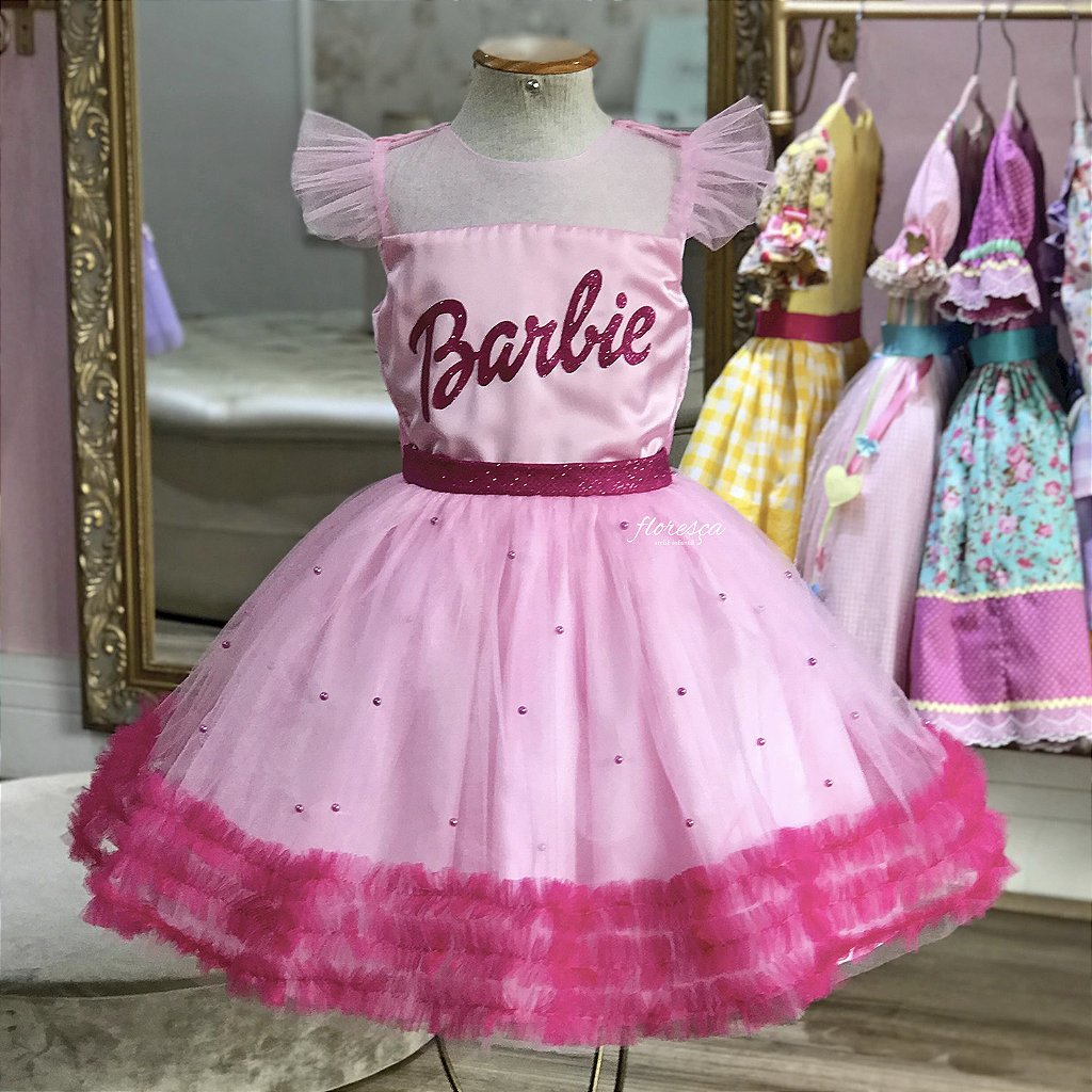 Vestido Infantil Barbie Rosa Brilho e Saia de Tule