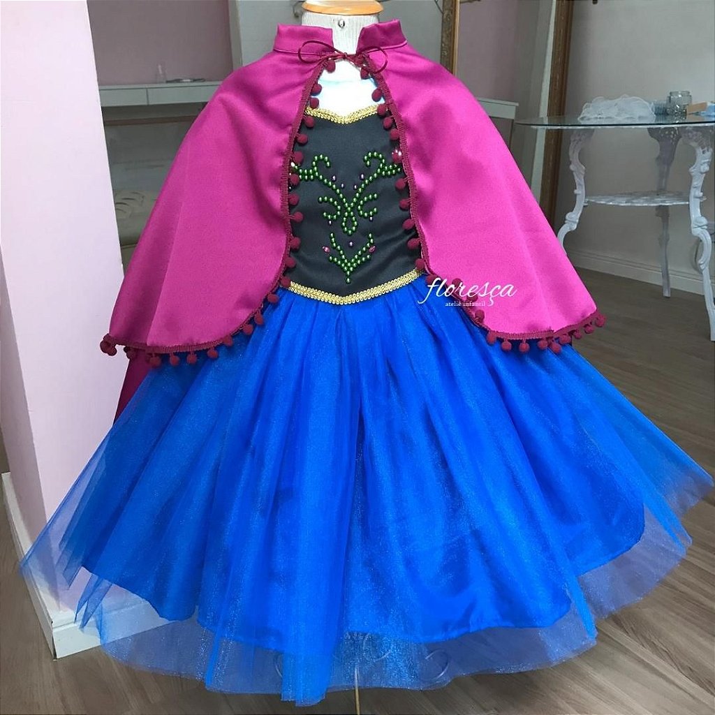 VESTIDO INFANTIL FROZEN AZUL PRINCESAS COM CAPA LUXO