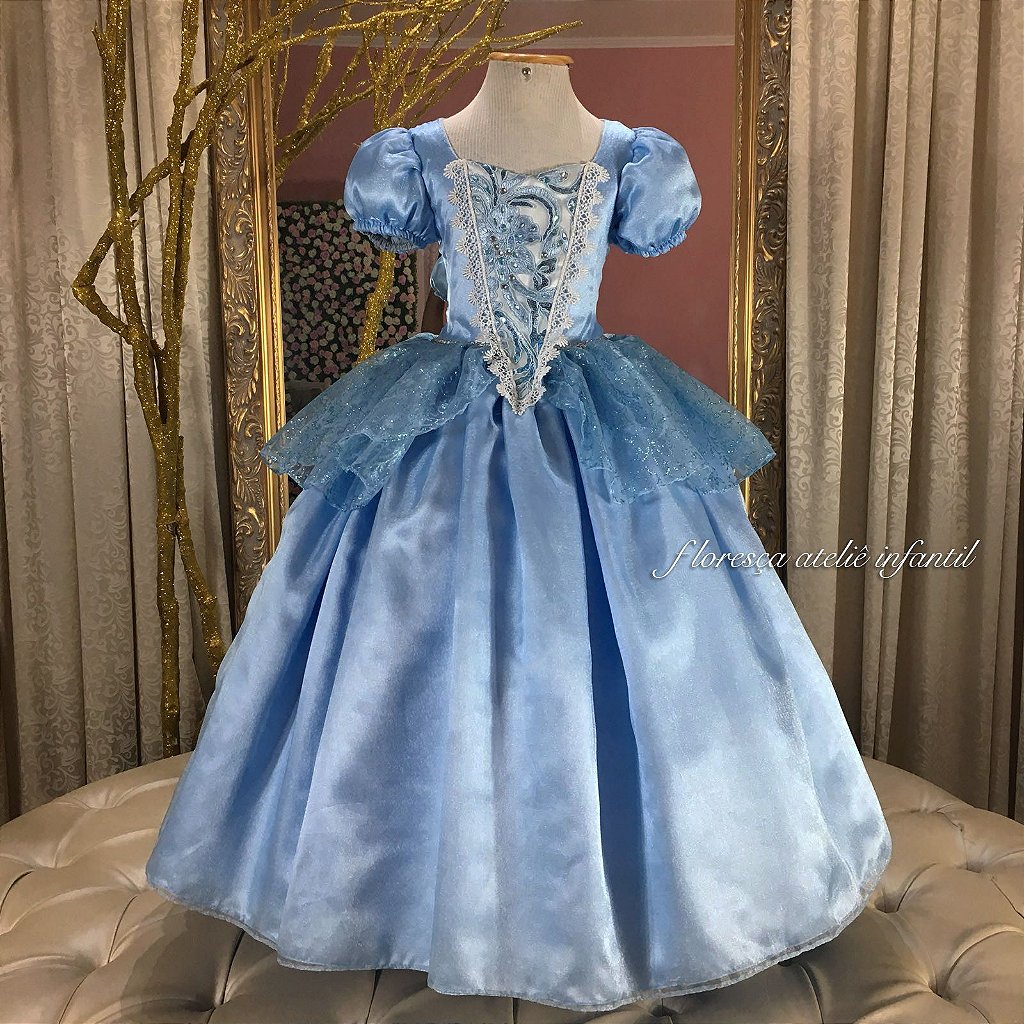 Vestido Infantil de Festa Azul Princesa Cinderela