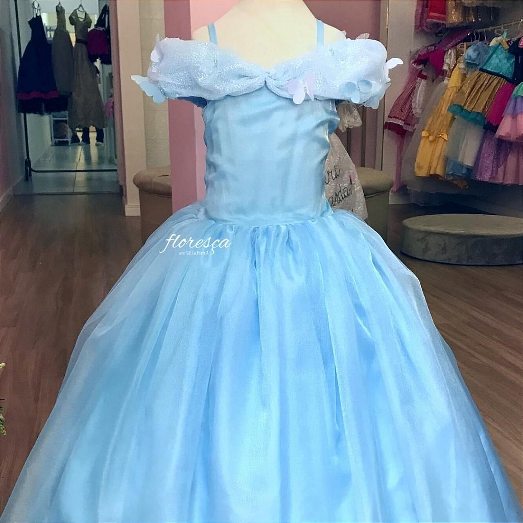 Vestido Infantil Cinderela Azul brilho com tiara - Fabuloso Ateliê