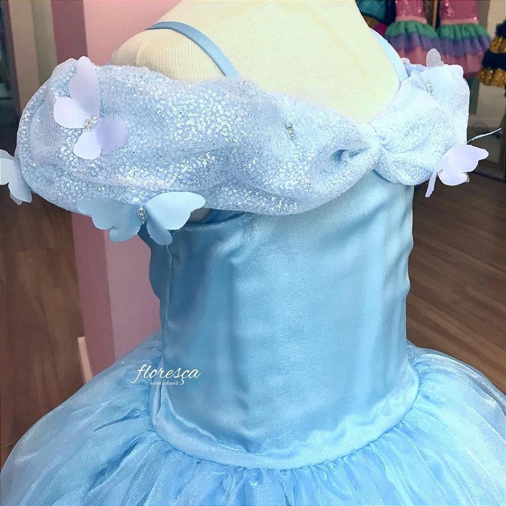 Vestido Infantil Cinderela Azul brilho com tiara - Fabuloso Ateliê