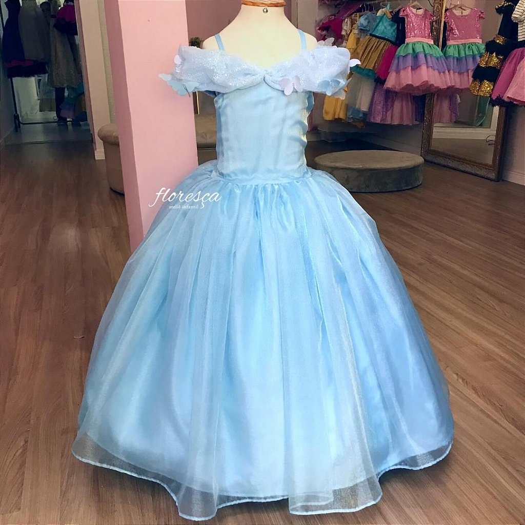 Vestido Infantil de Festa Longo Azul Princesa Cinderela