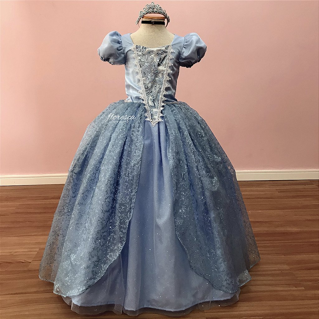 VESTIDO INFANTIL CINDERELA PRINCESA AZUL C/ RENDA E PÉROLAS