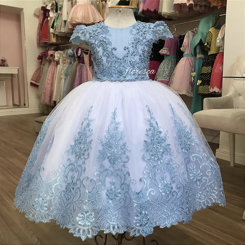 Vestido Infantil Damas Honra Azul Claro Casamentos Pérolas - Rosa