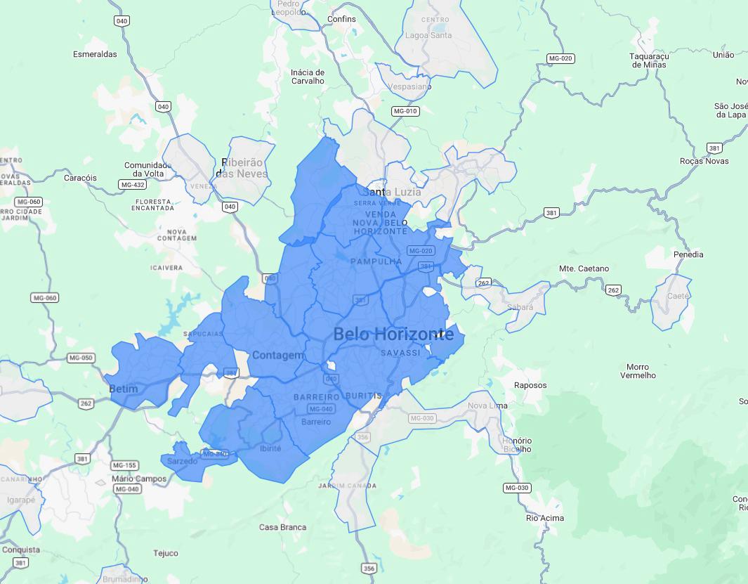 Mapa das regiões atendidas para entrega no mesmo dia na Grande BH