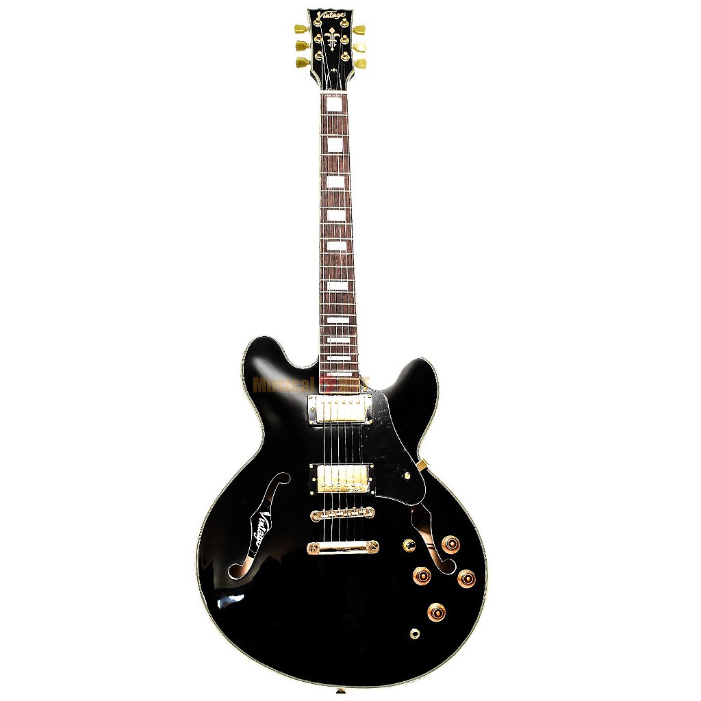 エレキギター vintage vsa500psb ケース付き GUITARRA SEMI ACUSTICA VINTAGE VSA500 GLOSS BLACK GBK - Musical