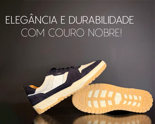 Detalhe do couro nobre e acabamento do Tênis