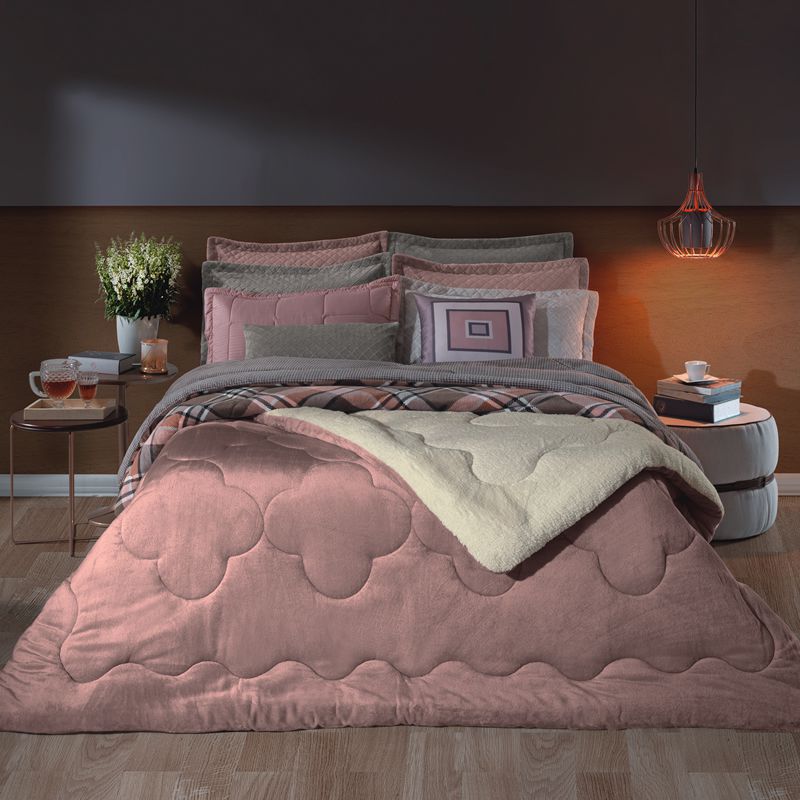 Edredom Solteiro 1 Peca Dupla Face Plush Com Sherpa Hedrons Rosa
